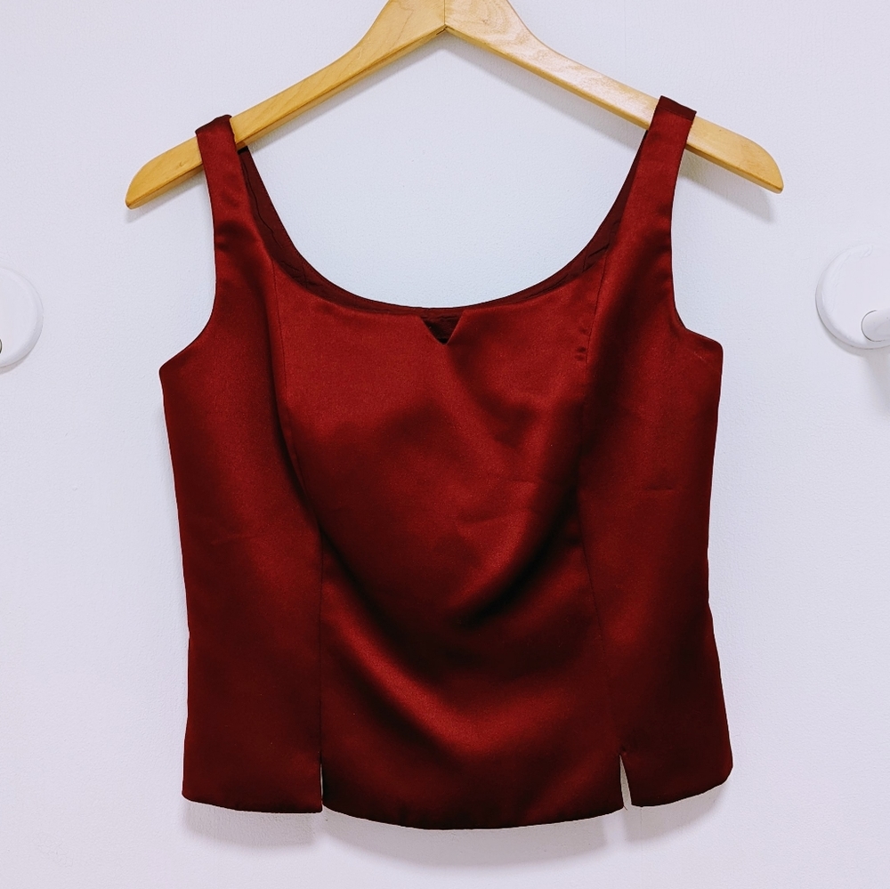 Vintage Nicole Miller NYC Satin Bodycon Red Crop Top Slit Detail 90s Size 4 XS S